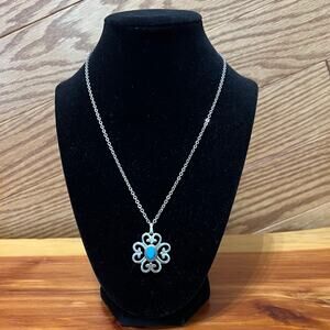 Vintage Heart Flower Pendant Necklace Silver Tone Faux Turquoise Stone MCM